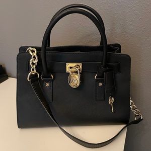 Michael Kors Black Gold Hamilton Leather Satchel